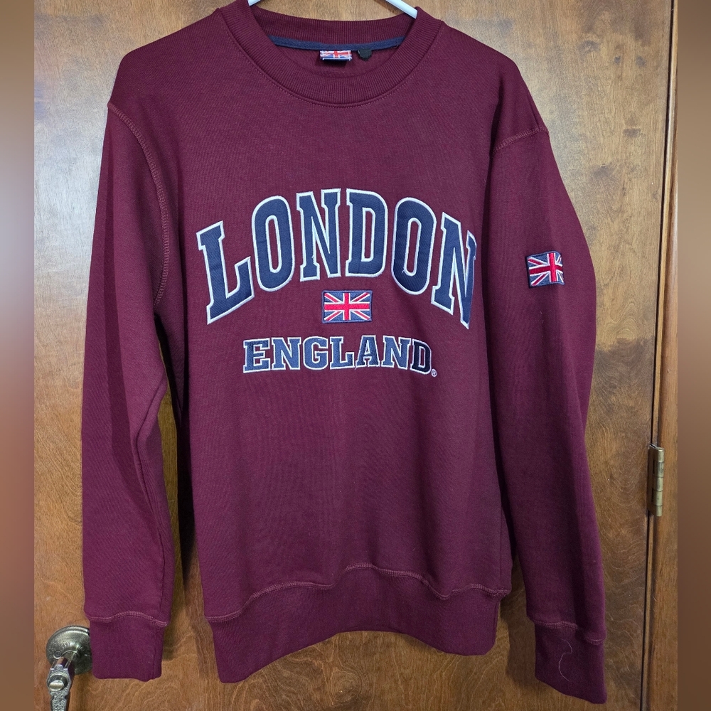 London England Union Jack embroidered Burgundy Souvenir Sweatshirt KK Apparel LG